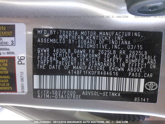 4T4BF1FK0FR484616 - 2015 TOYOTA CAMRY LE/XLE/SE/XSE 银色 照片 9