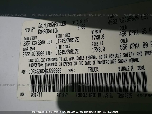 1D7KS28C46J202085 - 2006 DODGE RAM 2500 ST/SLT 白色 照片 9