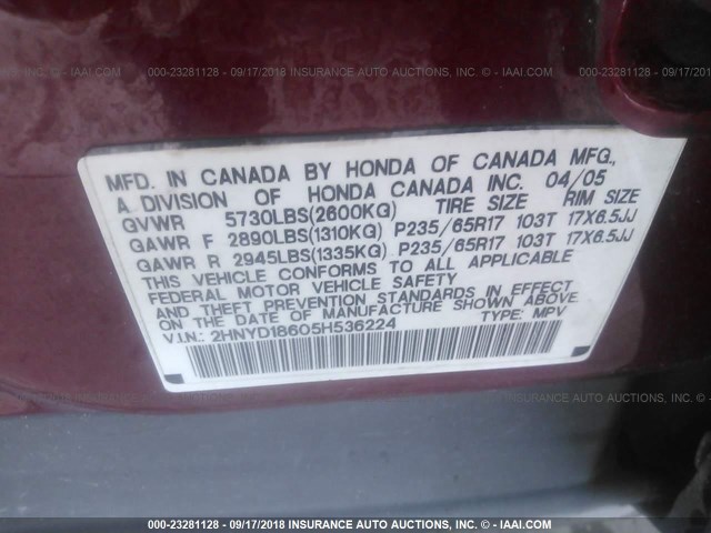 2HNYD18605H536224 - 2005 ACURA MDX TOURING RED photo 9