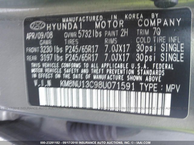 KM8NU13C98U071591 - 2008 HYUNDAI VERACRUZ GLS/SE/LIMITED GRAY photo 9