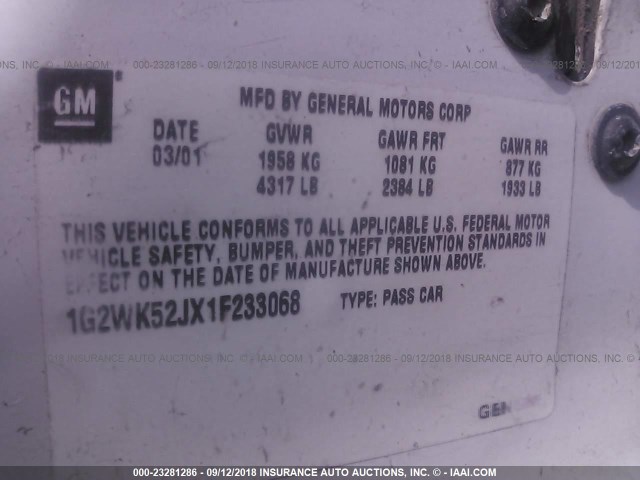 1G2WK52JX1F233068 - 2001 PONTIAC GRAND PRIX SE 白色 照片 9