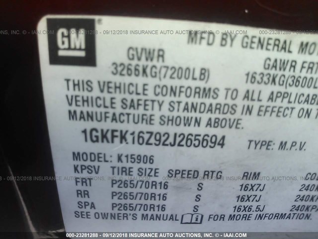 1GKFK16Z92J265694 - 2002 GMC YUKON XL K1500 RED photo 9