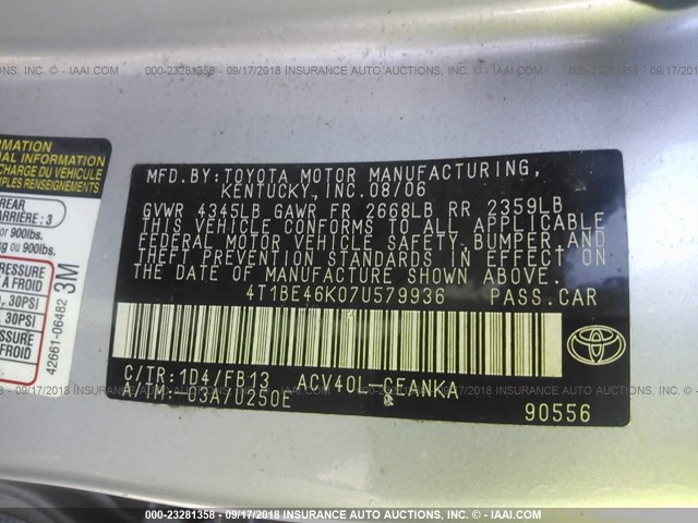 4T1BE46K07U579936 - 2007 TOYOTA CAMRY NEW GENERAT CE/LE/XLE/SE GRAY photo 9