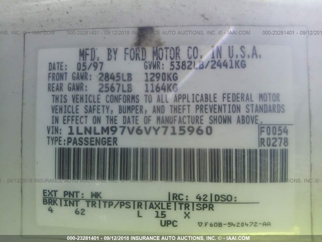 1LNLM97V6VY715960 - 1997 LINCOLN CONTINENTAL  Biały zdjęcie 9