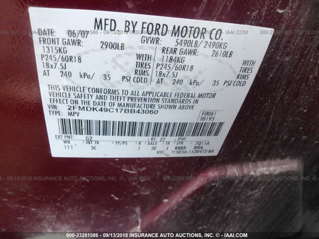 2FMDK49C17BB43060 - 2007 FORD EDGE SEL PLUS MAROON photo 9