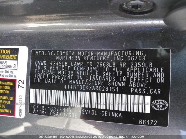 4T4BF3EK7AR028151 - 2010 TOYOTA CAMRY SE/LE/XLE ნაცრისფერი ფოტო 9