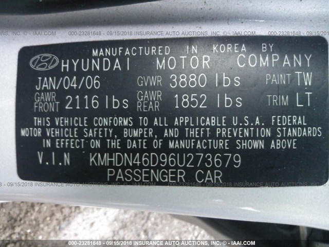 KMHDN46D96U273679 - 2006 HYUNDAI ELANTRA GLS/GT/LIMITED SILVER photo 9