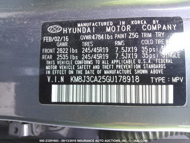 KM8J3CA25GU178918 - 2016 HYUNDAI TUCSON LIMITED/SPORT AND ECO/SE GRAY photo 9