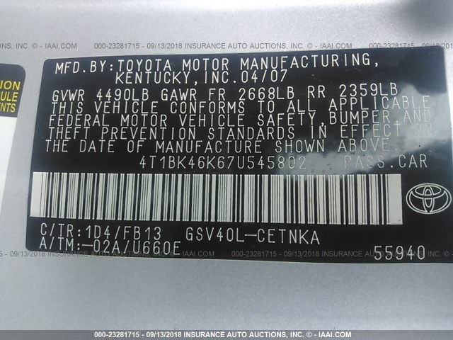 4T1BK46K67U545802 - 2007 TOYOTA CAMRY NEW GENERAT LE/XLE/SE SILVER photo 9