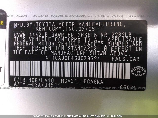 4T1CA30P46U079324 - 2006 TOYOTA CAMRY SOLARA SE/SLE ვერცხლისფერი ფოტო 9