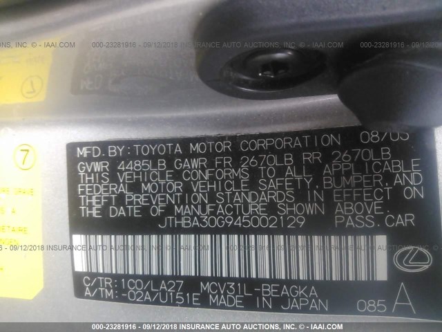 JTHBA30G945002129 - 2004 LEXUS ES 330 GRAY photo 9