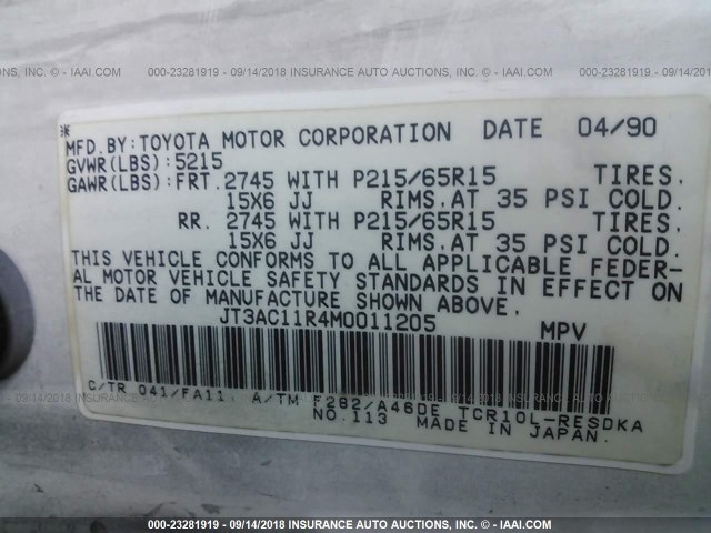 JT3AC11R4M0011205 - 1991 TOYOTA PREVIA DLX WHITE photo 9