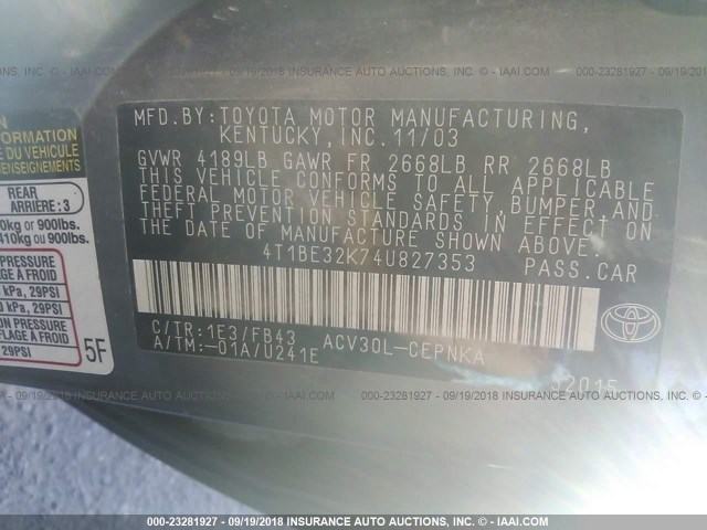 4T1BE32K74U827353 - 2004 TOYOTA CAMRY LE/XLE/SE Қоңыр фото 9