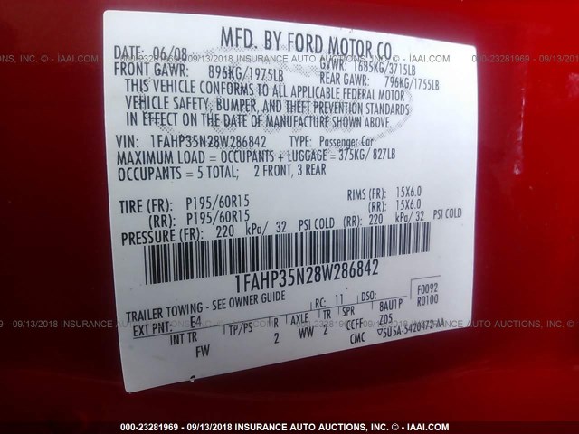 1FAHP35N28W286842 - 2008 FORD FOCUS SE/SEL/SES RED photo 9