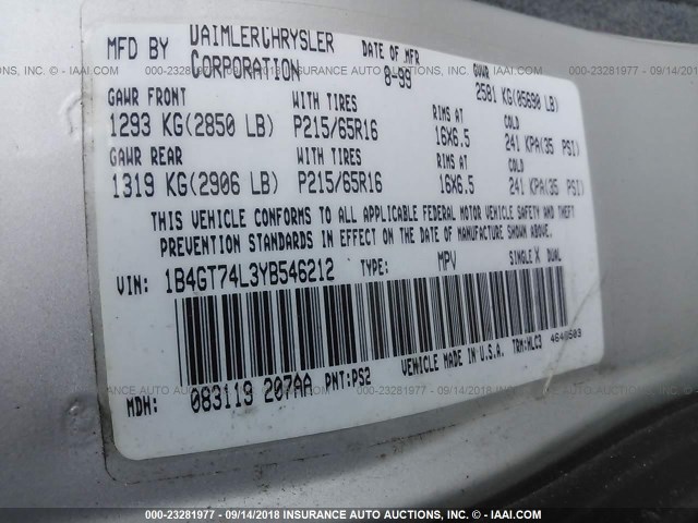 1B4GT74L3YB546212 - 2000 DODGE GRAND CARAVAN ES GRAY photo 9