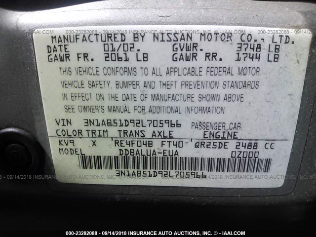 3N1AB51D92L705966 - 2002 NISSAN SENTRA SE-R SPEC V GRAY photo 9