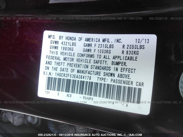 1HGCR2F53EA064179 - 2014 HONDA ACCORD SPORT BURGUNDY photo 9