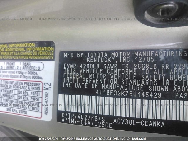 4T1BE32K76U145429 - 2006 TOYOTA CAMRY LE/XLE/SE Қоңыр фото 9