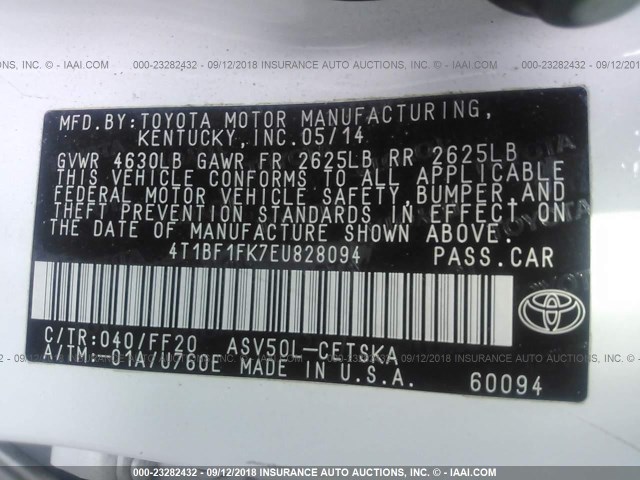 4T1BF1FK7EU828094 - 2014 TOYOTA CAMRY L/SE/LE/XLE Ağ foto 9