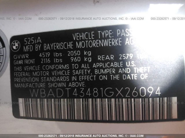 WBADT43481GX26094 - 2001 BMW 525 I AUTOMATIC WHITE photo 9