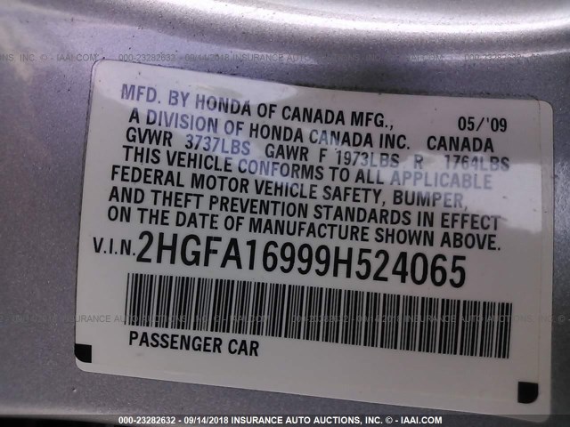 2HGFA16999H524065 - 2009 HONDA CIVIC EXL 银色 照片 9