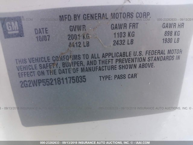 2G2WP552181175035 - 2008 PONTIAC GRAND PRIX 白色 照片 9