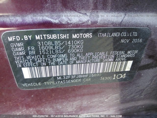 ML32F3FJ8HHF15890 - 2017 MITSUBISHI MIRAGE G4 ES მუქწითელი ფოტო 9