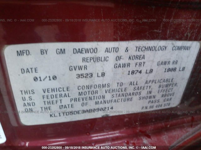 KL1TD5DE3AB090214 - 2010 CHEVROLET AVEO LS/LT Կարմիր լուսանկար 9