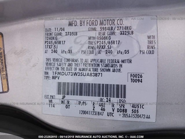 1FMDU73W35UA83871 - 2005 FORD EXPLORER XLT/XLT SPORT/NBX 银色 照片 9