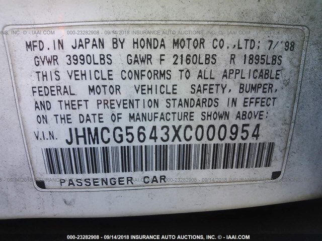 JHMCG5643XC000954 - 1999 HONDA ACCORD LX WHITE photo 9