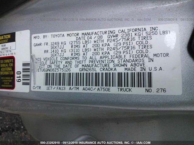 5TETU62N08Z575126 - 2008 TOYOTA TACOMA PRERUNNER ACCESS CAB SILVER photo 9