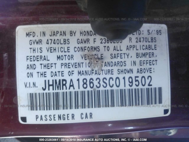 JHMRA1863SC019502 - 1995 HONDA ODYSSEY LX/EX RED photo 9