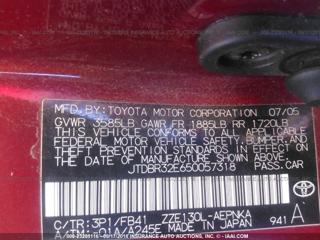 JTDBR32E650057318 - 2005 TOYOTA COROLLA CE/LE RED photo 9