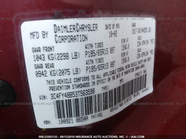 3C4FY48B53T563598 - 2003 CHRYSLER PT CRUISER CLASSIC 红色 照片 9