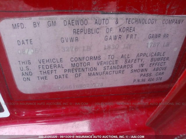 KL1TD66616B523273 - 2006 CHEVROLET AVEO LS RED photo 9