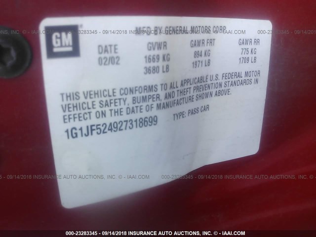 1G1JF524927318699 - 2002 CHEVROLET CAVALIER LS RED photo 9