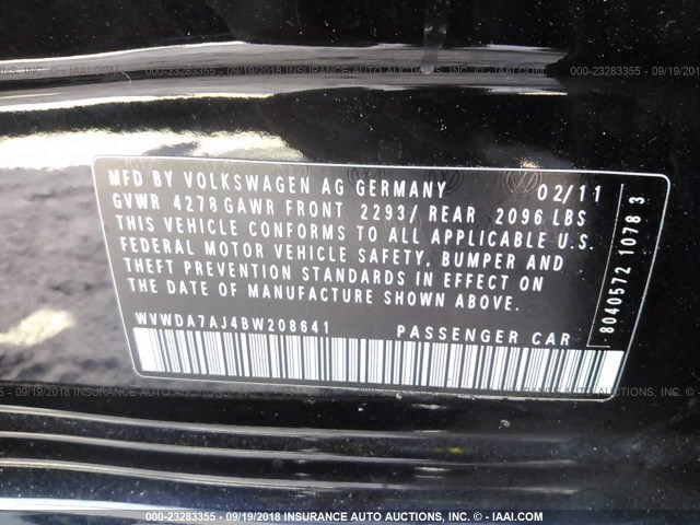 WVWDA7AJ4BW208641 - 2011 VOLKSWAGEN GOLF BLACK photo 9