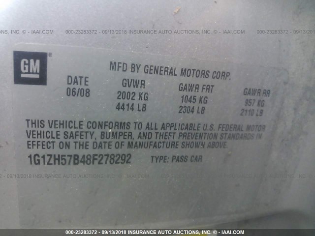 1G1ZH57B48F278292 - 2008 CHEVROLET MALIBU 1LT ვერცხლისფერი ფოტო 9