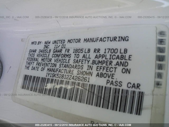 1Y1SK52812Z426261 - 2002 CHEVROLET GEO PRIZM LSI თეთრი ფოტო 9