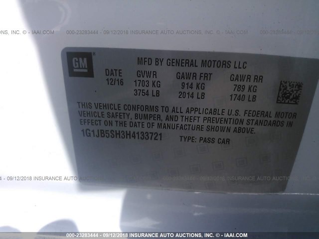 1G1JB5SH3H4133721 - 2017 CHEVROLET SONIC LS 白色 照片 9