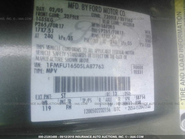 1FMFU16505LA87763 - 2005 FORD EXPEDITION XLT GREEN photo 9