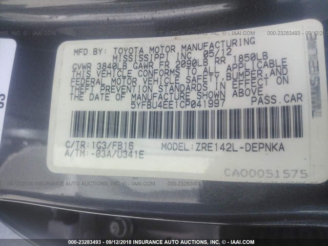 5YFBU4EE1CP041997 - 2012 TOYOTA COROLLA S/LE GRAY photo 9