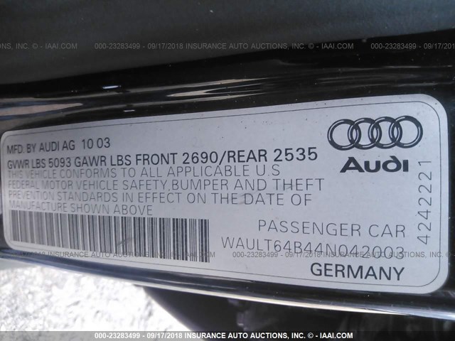 WAULT64B44N042003 - 2004 AUDI A6 3.0 QUATTRO BLACK photo 9