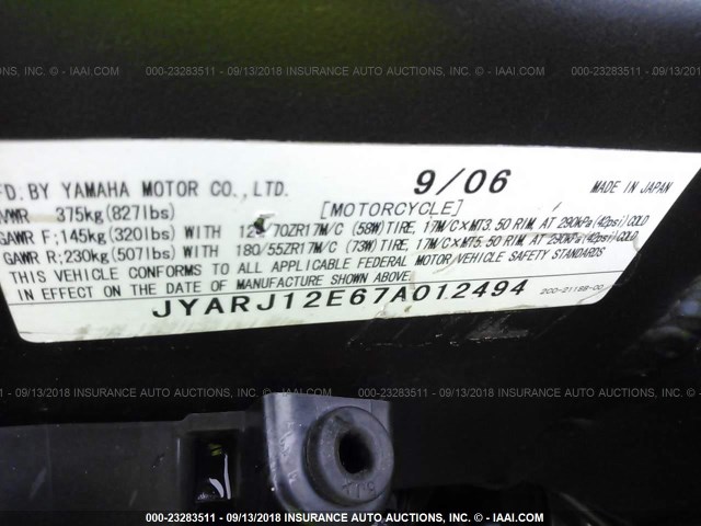 JYARJ12E67A012494 - 2007 YAMAHA YZFR6 L BLUE photo 10