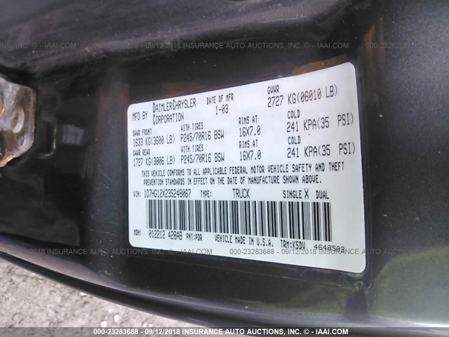 1D7HG12X23S248067 - 2003 DODGE DAKOTA SXT GRAY photo 9