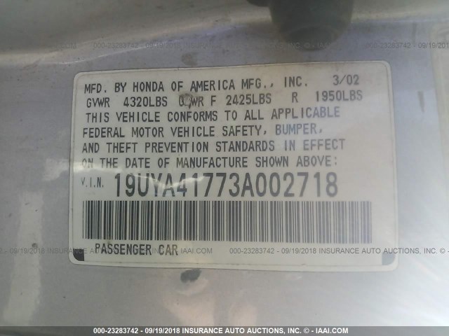 19UYA41773A002718 - 2003 ACURA 3.2CL TYPE-S SILVER photo 9