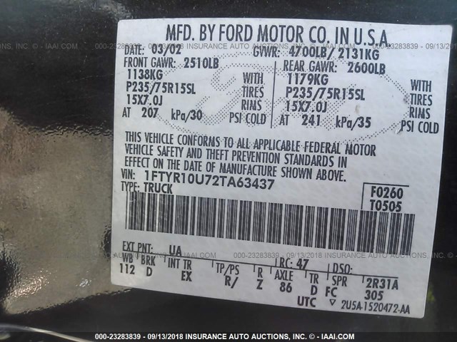 1FTYR10U72TA63437 - 2002 FORD RANGER BLACK photo 9