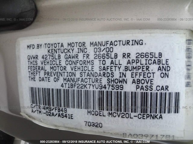 4T1BF22K7YU947599 - 2000 TOYOTA CAMRY LE/XLE TAN photo 9