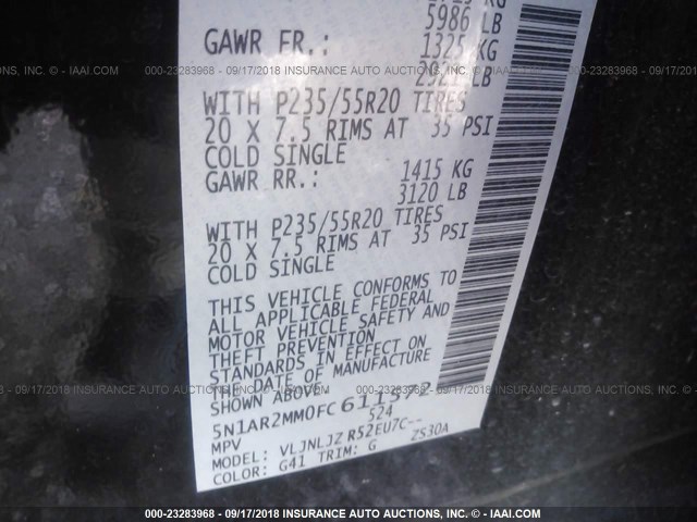 5N1AR2MM0FC611572 - 2015 NISSAN PATHFINDER S/SV/SL/PLATINUM BLACK photo 9