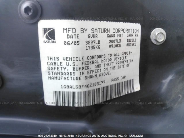 1G8AL58F46Z103177 - 2006 SATURN ION LEVEL 3 SILVER photo 9